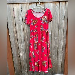 Lularoe 🌹 red floral dress riley long dress sleeves blue flowers roses summer